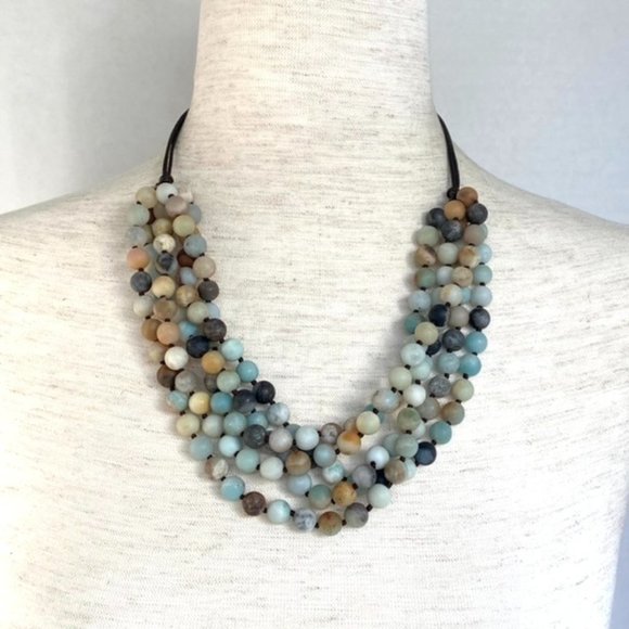 House of Bangles Jewelry - Multi-Strand 8mm Amazonite Beaded Collar Necklace 20" HOB 925 Knotted 5 Strand